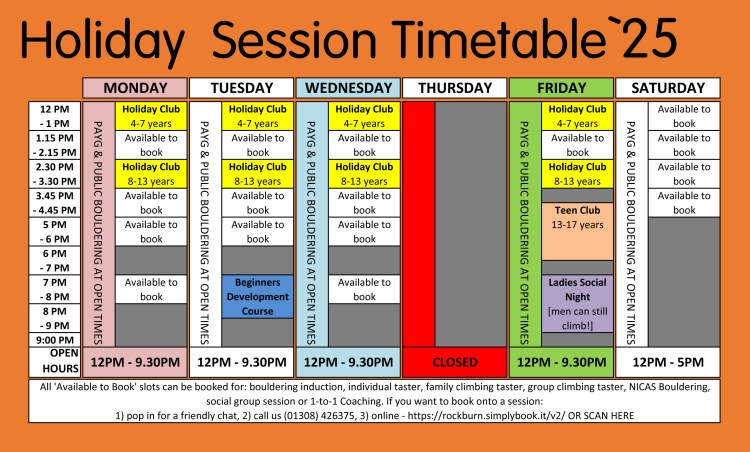 ROCKBURN CLIMBING CLASSES AND SESSIONS TIMETABLE