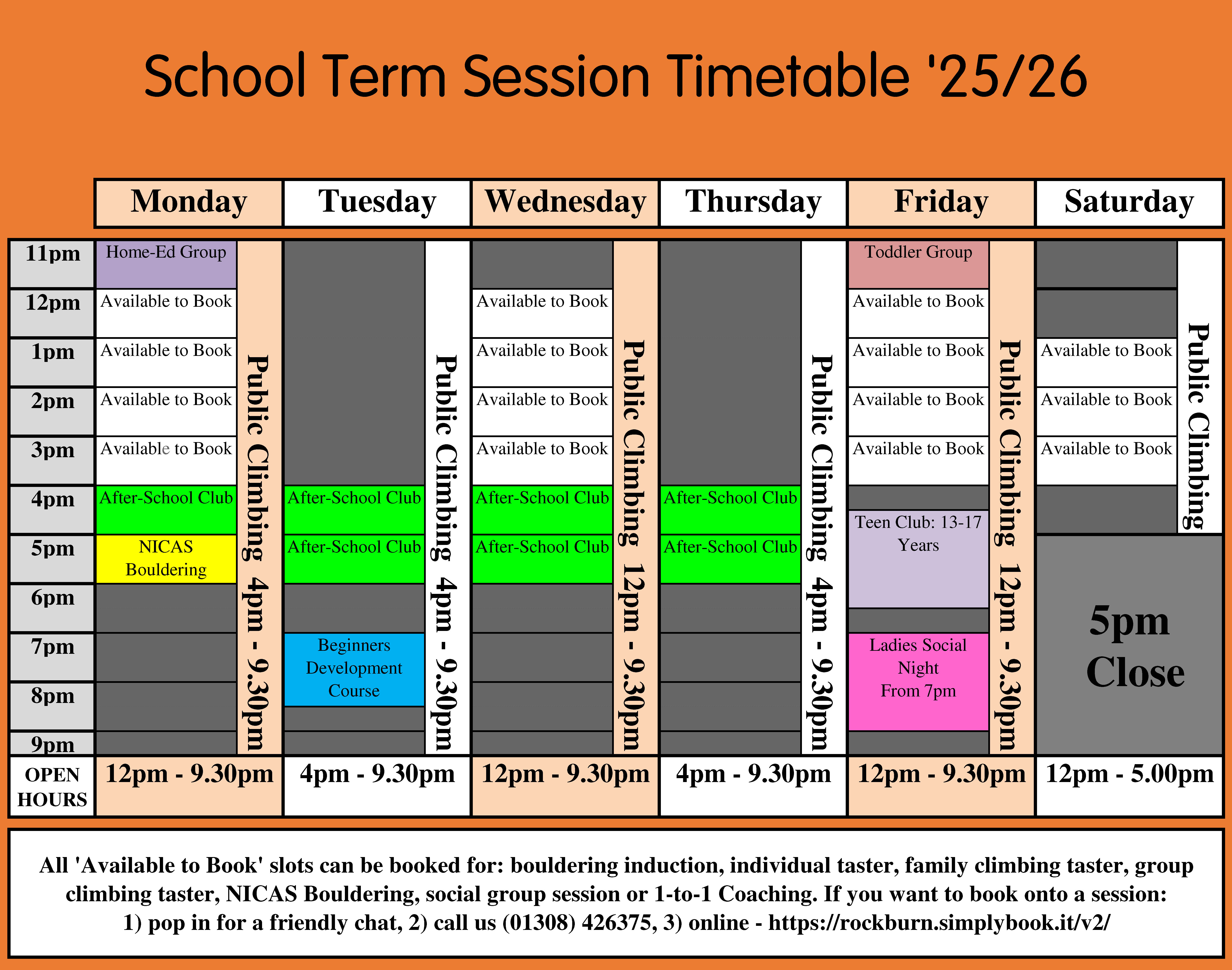 Timetable outlining the times of our various clubs and group sessions as well as when we have free times which can be booked for a session